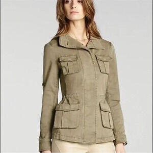 BCBG Bronnen Military Dusty Olive Green Jacket Cut Out Back Sz S
